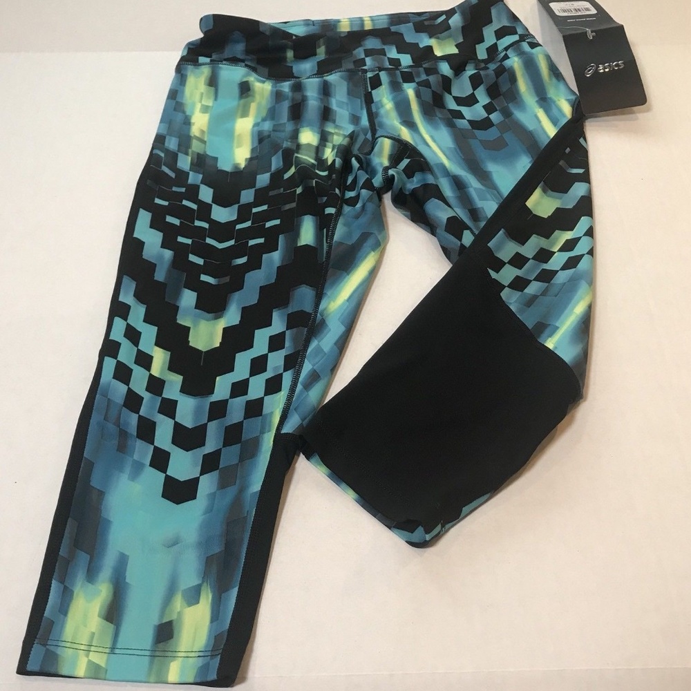 ASICS W Printed Capri Turq Check  leggings  NEW